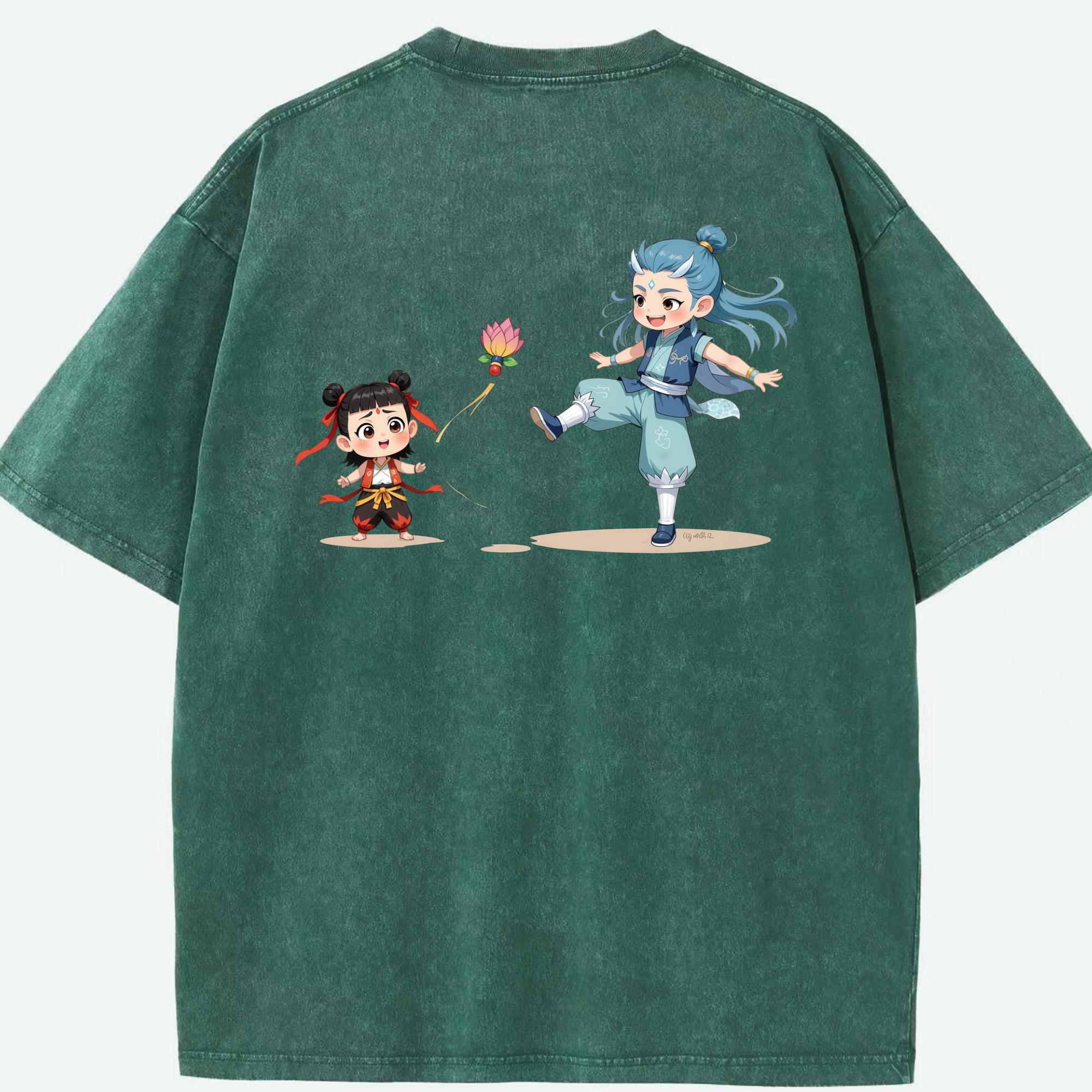 （画像用） Ne Zha 2 ナタ 魔童の大暴れ 綿100% ヴィンテージ風 半袖Tシャツ（背面プリント）